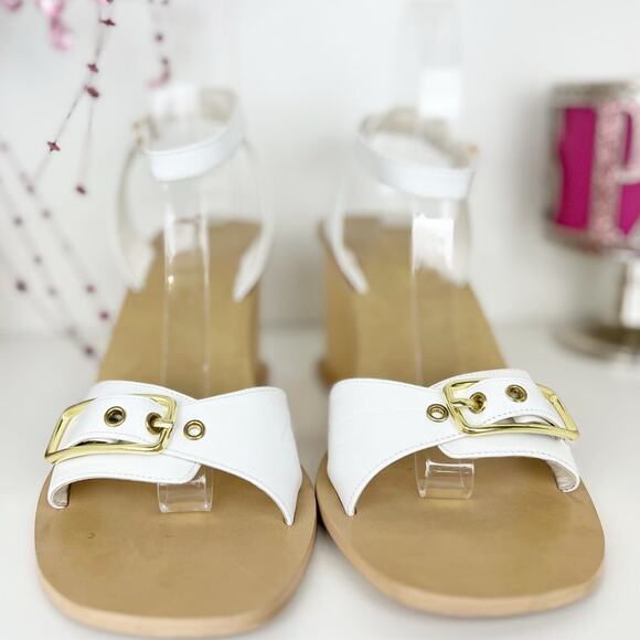 Lord & Taylor White Leather Ankle Strap Wooden Wedge Heel Sandals Size 8 M - Picture 3 of 9